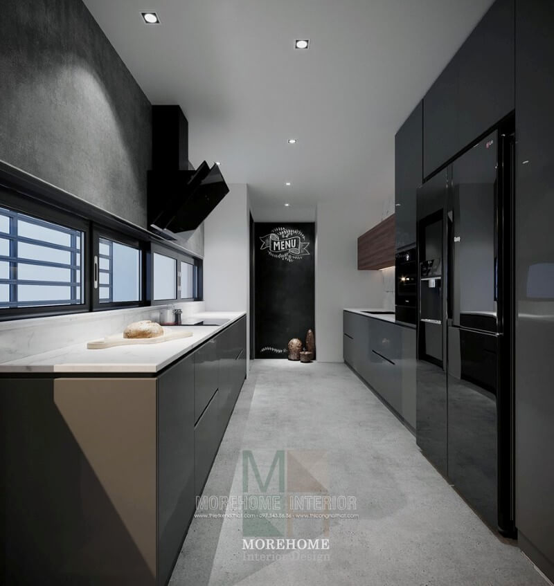 Nội thất phòng bếp chung cư hiện đại pha thêm chút nâu đỏ của hệ tủ bếp trên làm cho không gian bếp thêm ấm áp và hài hòa Thiết kế phòng bếp, tủ bếp gỗ An Cường