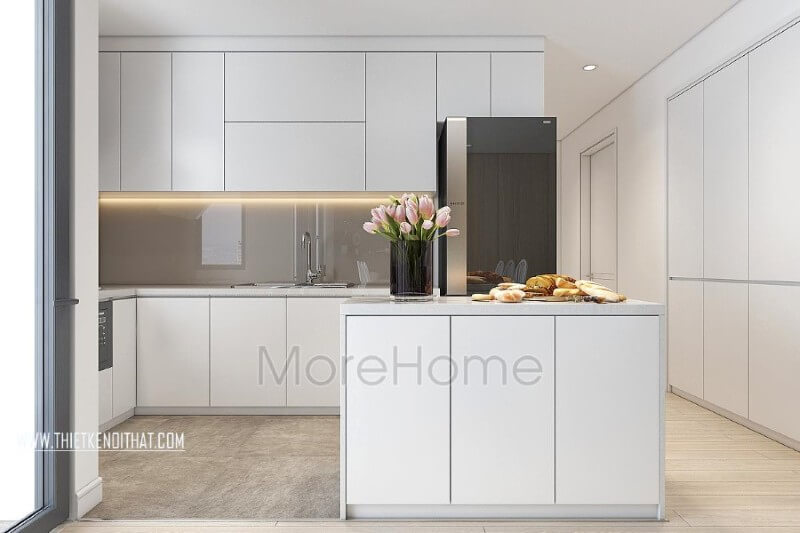 Thiết kế nội thất bếp chung cư, căn hộ hiện đại được quây gọn gàng thành một khu riêng biệt vẫn đảm bảo tính đồng nhất cho cả không gian Thiết kế phòng bếp, tủ bếp gỗ An Cường