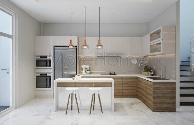 Thiết kế phòng bếp hiện đại với nội thất gỗ công nghiệp đẹp độc đáo trong không gian ấm cúng của gia đình Thiết kế phòng bếp, tủ bếp gỗ An Cường