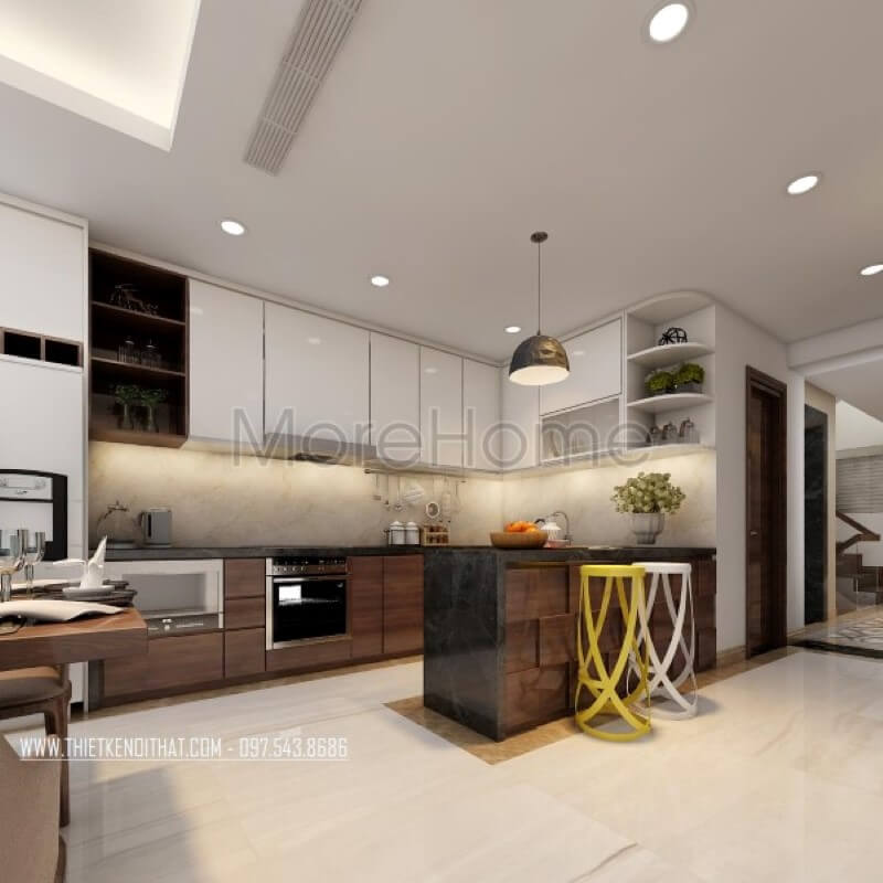 Mẫu tủ bếp hiện đại gỗ công nghiệp với tông màu nâu trắng cho không gian ấm cúng của gia đình Thiết kế phòng bếp, tủ bếp gỗ An Cường