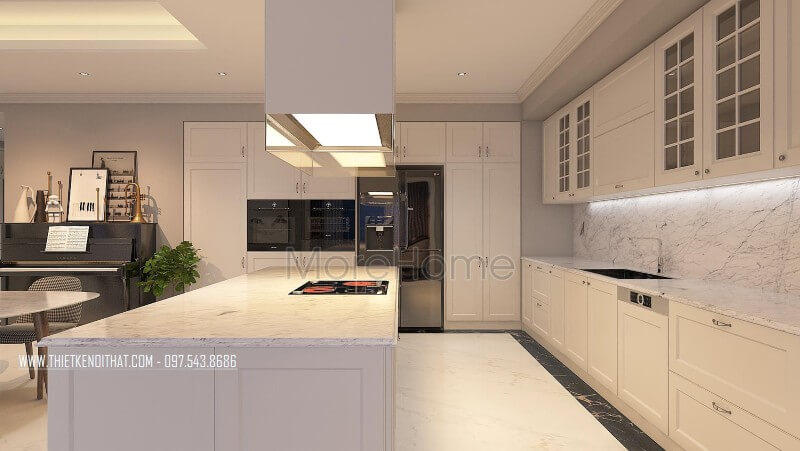 Hệ thống tủ bếp được thiết kế bằng chất liệu gỗ acrylic, loại gỗ được sử dụng thông dụng hiện nay. Thiết kế phòng bếp, tủ bếp gỗ An Cường