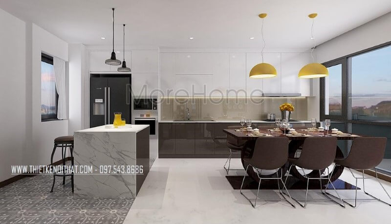 Tủ bếp đảo gỗ công nghiệp hiện đại lồng được bố trí khá đặc biệt với đảo bếp thiết kế theo cạnh chữ L với tủ bếp và nhường chỗ cho bộ bàn ghế ăn vừa tạo nên sự tiện nghi vừa mang lại không gian hài hòa, đẹp mắt, sang trọng. Thiết kế phòng bếp, tủ bếp gỗ An Cường