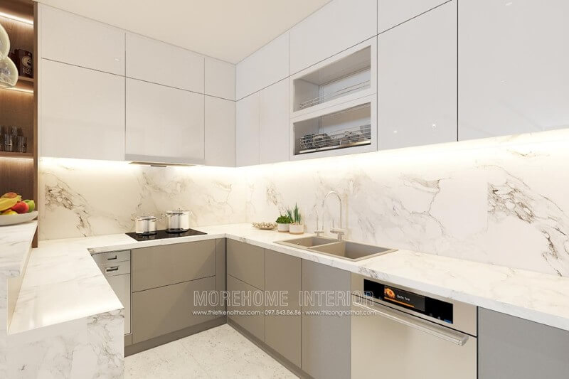 Hệ thống tủ bếp màu trắng, phân tách nhiều ngăn lớn nhỏ đáp ứng nhu cầu sắp xếp đồ nội thất Tủ bếp đẹp, sang trọng và đẳng cấp