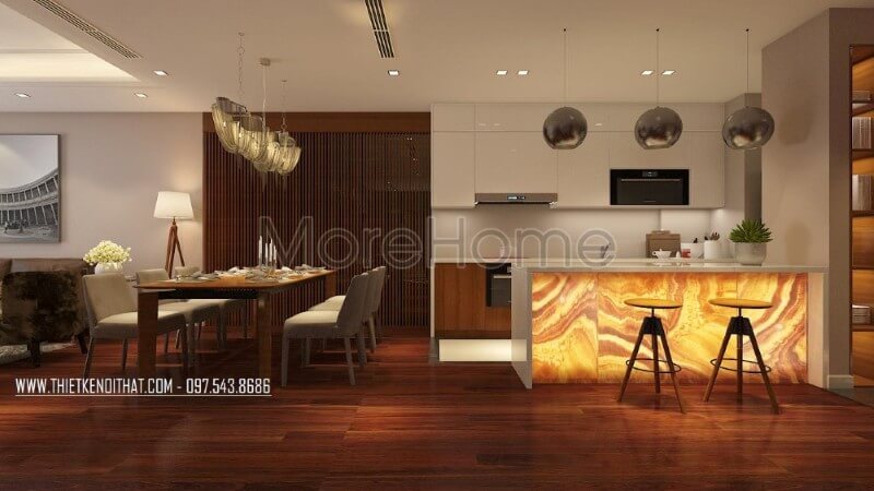 Mẫu tủ bếp chung cư đẹp kết hợp sư dụng tone màu trắng ấn tượng mang đến cảm giác sạch sẽ, tinh tế nhẹ nhàng, tạo cảm giác cơi nới cho không gian. Tủ bếp đẹp, sang trọng và đẳng cấp