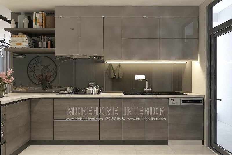 Nhằm tăng tính sang trọng cũng như độ bền, nhiều gia chủ lựa chọn sử dụng tủ bếp hiện đại kết hợp tủ Acrylic ở trên và tủ Laminate ở dưới Tủ bếp đẹp, sang trọng và đẳng cấp