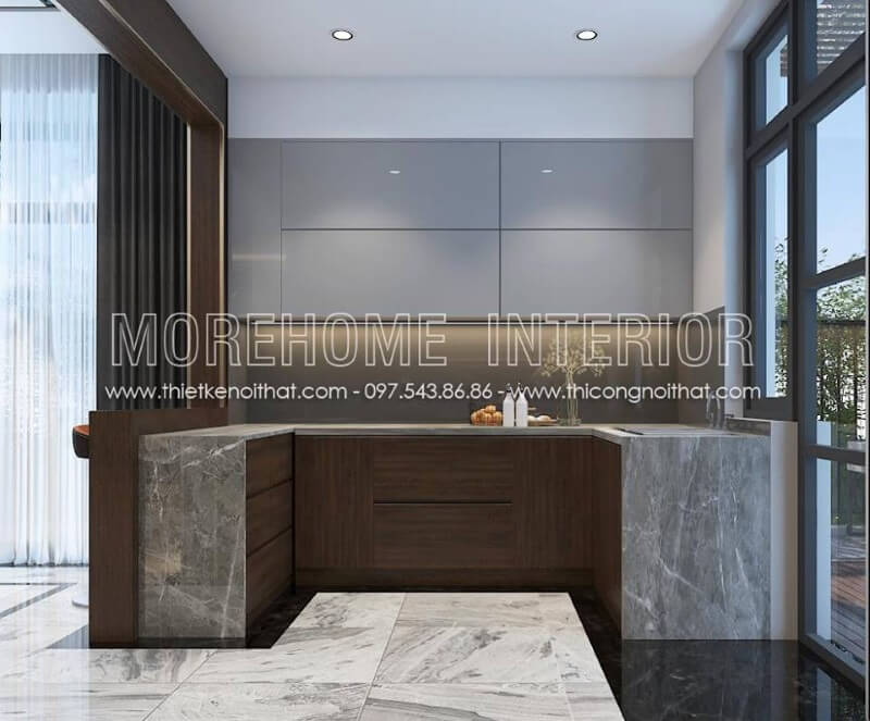 Mẫu tủ bếp đẹp phong cách hiện đại được làm từ chất liệu gỗ công nghiệp nhẹ nhàng phù hợp với nhiều không gian sống như chung cư, biệt thự... Tủ bếp đẹp, sang trọng và đẳng cấp