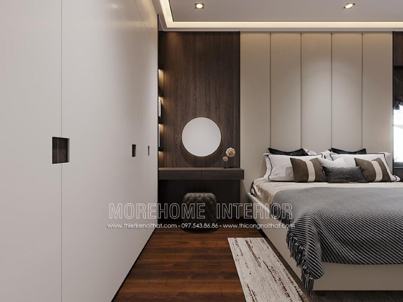Trang trí nội thất phòng ngủ đẹp với gỗ ốp tường vân óc chó sang trọng. Thiết kế phòng ngủ nhà phố