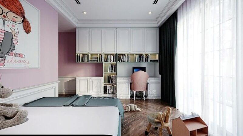 Bàn học liền kệ tủ trang trí đẹp, tiện nghi cho phòng ngủ bé gái. Thiết kế phòng ngủ nhà phố