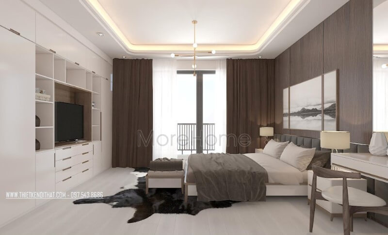 Trang trí nội thất phòng ngủ master hiện đại đẹp và thông thoáng với cửa kính chiếm trọn mảng tường để bạn có thể tận hưởng cảm giác tuyệt vời từ thiên nhiên. Thiết kế phòng ngủ nhà phố