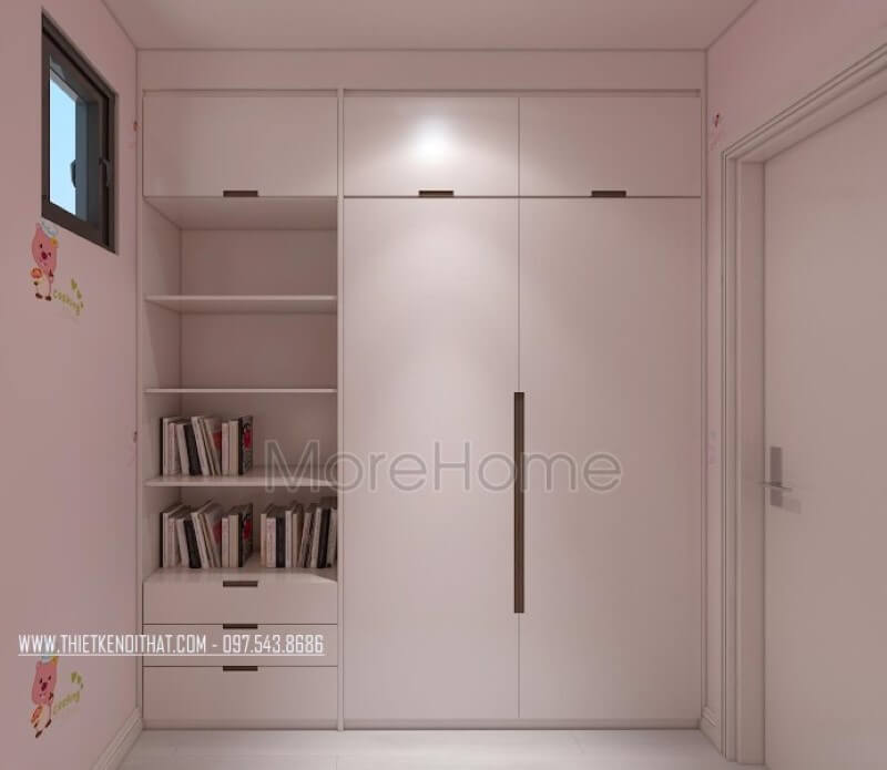 Tủ quần áo kết hợp kệ hở để sách vừa tiện dụng vừa gọn gàng cho phòng ngủ con trai. Thiết kế phòng ngủ nhà phố
