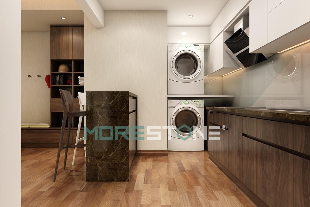 Ốp đá bếp màu nâu là sự lựa chọn ưa chuộng của nhiều chủ nhà. Đá tự nhiên nâu có độ bóng cao và tạo ra nét đẹp sang trọng cho căn bếp Thiết kế phòng bếp