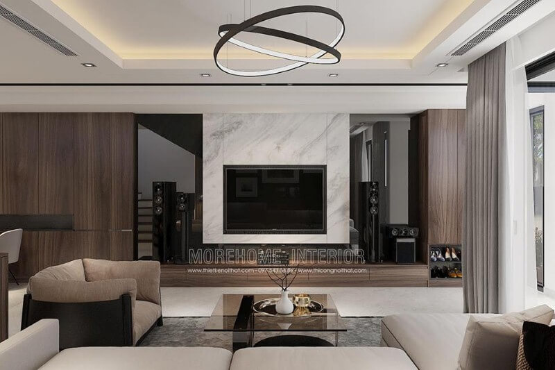 Đá ốp marble sẽ độc đáo hơn nết kết hợp vật liệu ốp phòng khách tối màu.