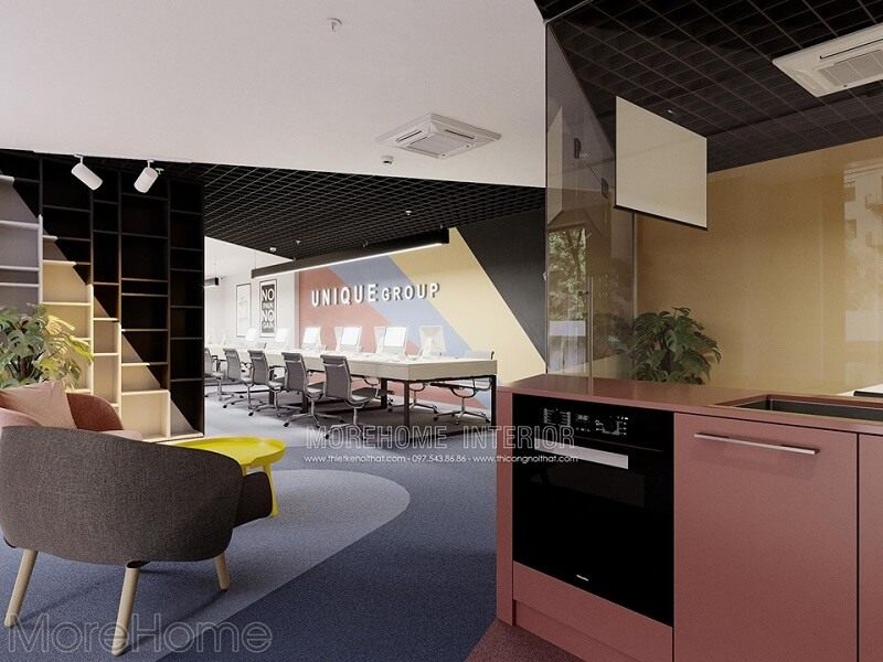 Thiết kế văn phòng công ty UNIQUE GRORP với không gian mở gồm quầy lễ tân phòng làm việc nhân viên, phòng họp, phòng giám đốc..