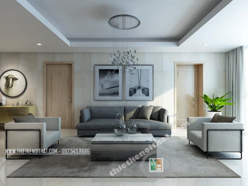 Phòng khách chung cư đẹp với bộ sofa vải màu xám và trắng mang đến vẻ đẹp đơn giản, tinh tế cho căn phòng.