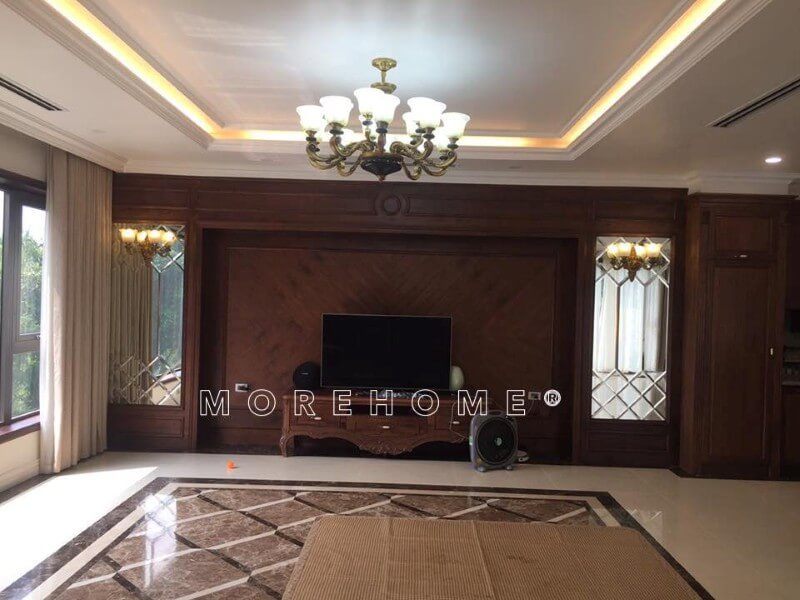 Morehome - Đơn vị thi công nội thất phòng khách gỗ tự nhiên tân cổ điển sang trọng đẹp tại biệt thự Ecopark Hưng Yên
