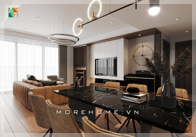 Việc bố trí phòng ăn mở liền kề phòng khách đã không còn xa lạ trong xu hướng thiết kế hiện nay