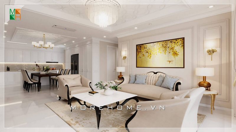 Mẫu sofa phòng khách màu kem tân cổ điển đẳng cấp, tinh tế toát lên sự sang trọng cho không gian ngôi nhà.