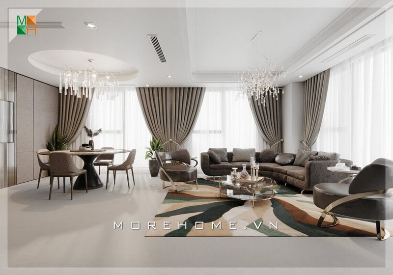 Một sự bố trí nội thất rất hiện đại và tiện nghi, nổi bật lên bộ sofa da cao cấp của phòng khách.