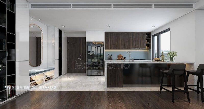 Sử dụng đá nhân tạo để làm ốp bàn bếp, quầy bar sẽ giúp tạo nên không gian bếp chung cư an toàn và thẩm mỹ.