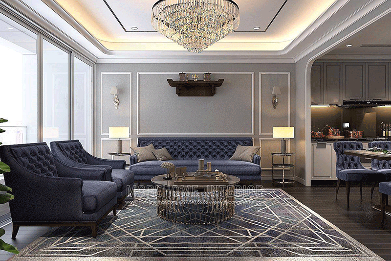 Phòng khách được trang bị theo phong cách tân cổ điển với gam màu tím than ấn tượng.