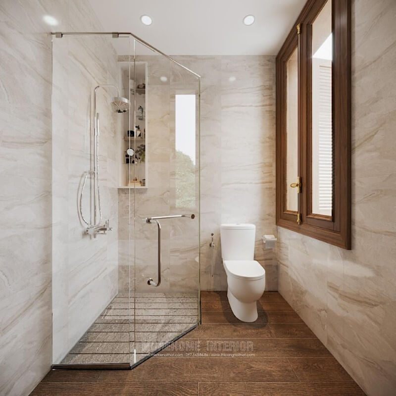 Thiết kế nội thất phòng tắm hiện đại với vách tắm kính trong suốt cao cấp sẽ giúp bạn có cảm giác như đang nghỉ dưỡng ở một resort, mang đến sự thoải mái tuyệt vời.